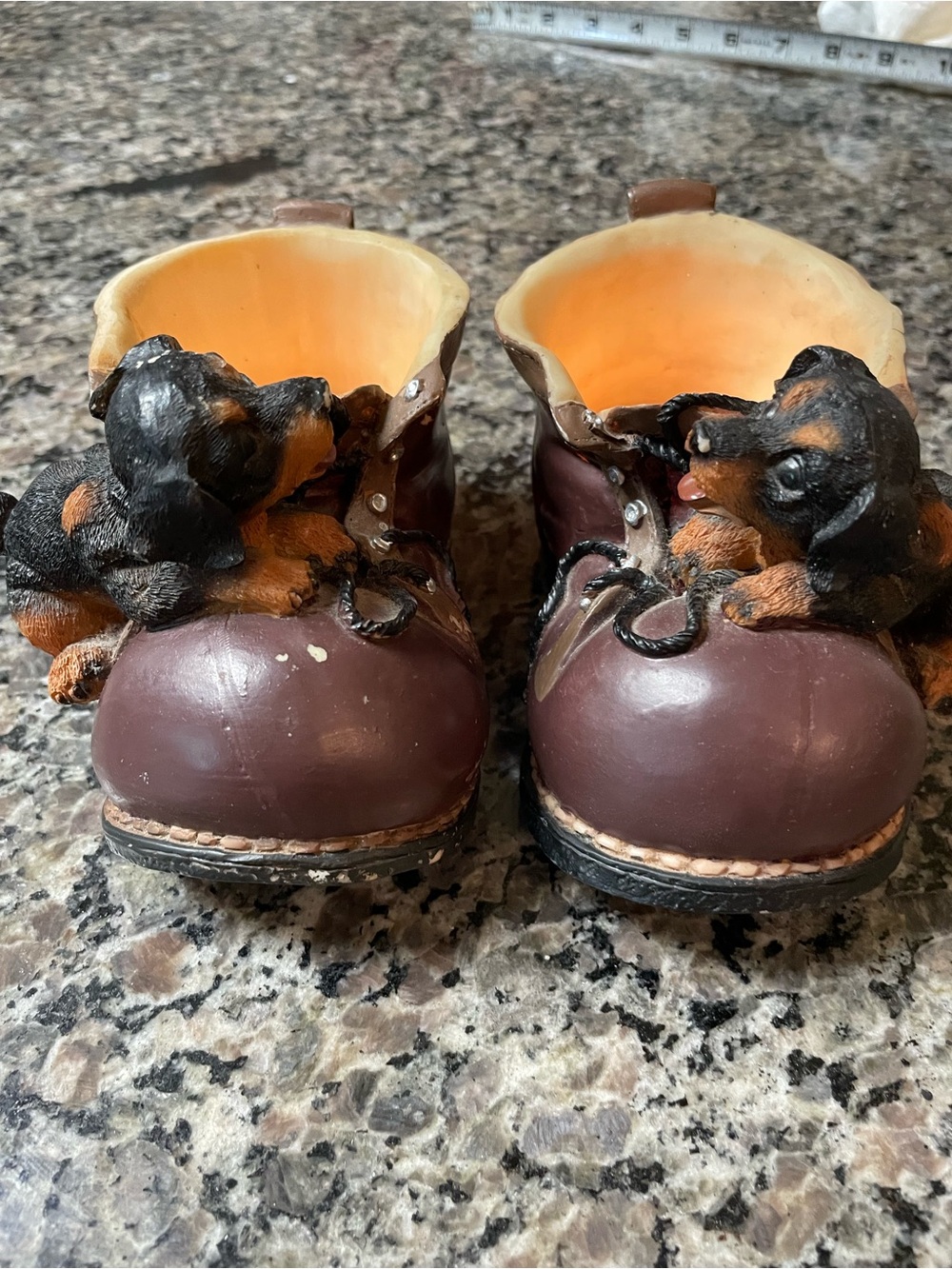 Vintage Brown Boot Candle Holders with Black & Tan Puppy Accents
